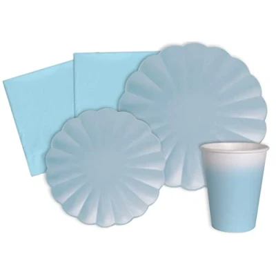Afbeelding van Party Tableware Set Flower Shape for 24 people (112 pcs: plates Ø23cm, Ø18cm, cups 200ml, 40 napkins 33x33cm) in eco friendly compostable paper, pastel sky blue