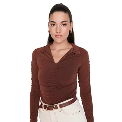 Afbeelding van Trendyol Bruine Slanke Flexibele Gebreide Blouse Met Verzamelde Polohals Twoaw23Bz00249