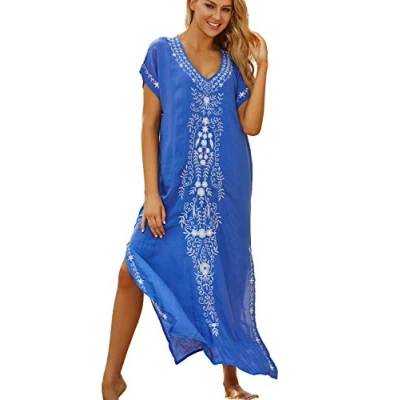 Afbeelding van YouKD Zomer Katoen Geborduurd Bloemen Losse Caftan Boho Strand Bikini Cover up Jurk Plus Size Gewaad voor Vrouwen