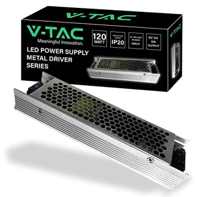 Afbeelding van V TAC Voeding voor professionele ledstrips, 120 W, 12 V, 10 A, transformator van metaal elektronische apparaten, camera&#039;s, beeldschermen, ultradun, AC 85 265