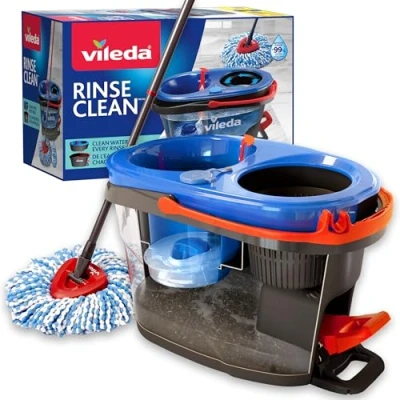 Afbeelding van Vileda RinseClean Spin Mop System, scheidt schoon en vuil water, moeiteloos uitwringen, microvezel dweil emmer set, grijs