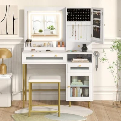 Afbeelding van COSTWAY Make uptafel met ledverlichting, kaptafel laadstation, sieradenkast, kruk, spiegel, 3 laden, kast &amp; haardrogerhouder, cosmeticatafel, wit