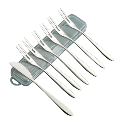 Afbeelding van NestNook Dessertvorken, set met 6 taartvorken en 1 taartmes, theevorken van roestvrij staal, zilveren gebakvorken, 13 cm, kleine vorken voor cake, voorgerechten, fruit