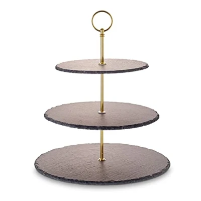 Afbeelding van Echtwerk etagère/serveerplank voor gebak, fruit, kaas en dessert van natuurlijke leisteen, met 3 niveaus metalen handvat, Gold Edition, Ø leisteenplaten ca. 20/25/30 cm, aardewerk