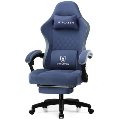 Afbeelding van GTPLAYER gamingstoel, ergonomische bureaustoel met stoffen oppervlak, veerzitkussen, verbindingsarmleuningen en voetensteun, blauw