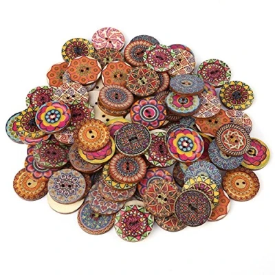 Afbeelding van Houten knopen, 100 stuks, 25 mm, ronde vintage knopen van hout, met 2 gaten, kleurrijke naaitoebehoren