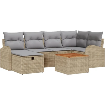 Afbeelding van vidaXL 7 Delige Tuin Sofa Set met Kussens Beige Poly Rattan, 2 Zitter Opbergruimte &amp; Rattan
