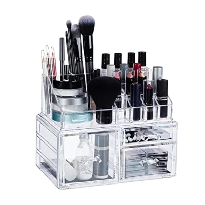 Afbeelding van Relaxdays make up organizer met 3 lades acryl toren doorzichtig 16 vakken