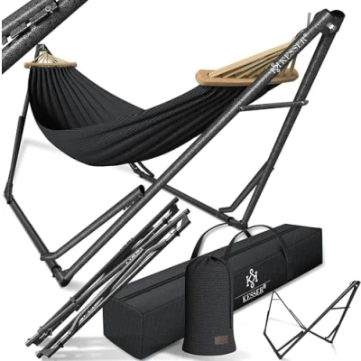 Afbeelding van KESSER® Hangmat Vill met frame, metaal, opvouwbaar, verstelbaar, stabiel binnen en buiten, draagtas + zak, hangmatstandaard, camping, tuin, zwembad, balkon, terras, antraciet