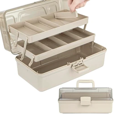 Afbeelding van Creahaus 35,6 cm 3 laags multifunctionele opbergdoos/ambachtelijke opbergdozen met compartimenten/plastic gereedschapskist/medicijnopbergdoos/haaraccessoires organizer/naaidoos 2 trays (bruin)