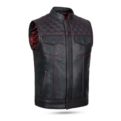 Afbeelding van Leatherick Groove Club Zwart leren vest voor heren, traditionele paisley satijnen voering, Rode ruit genaaid, 52