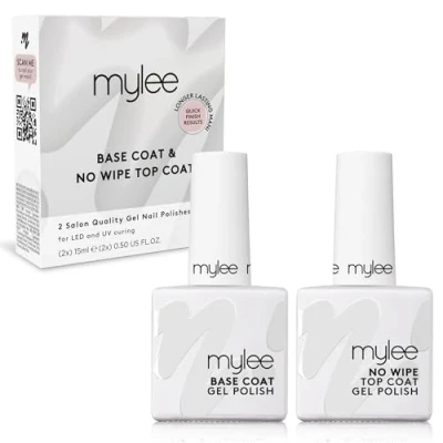 Afbeelding van Mylee Gel nagellak No Wipe Top &amp; Base Coat 2 x 10 ml UV LED nail art manicure pedicure voor salon en thuisgebruik, houdt tot weken, eenvoudig aan te brengen, duurzaam veilig