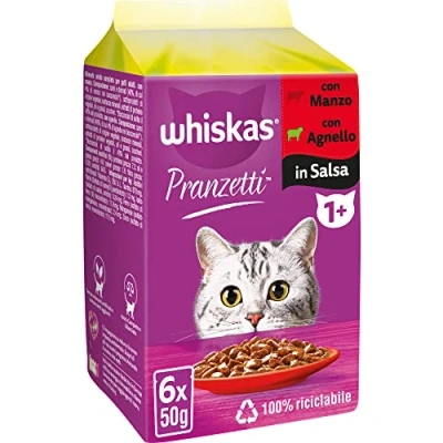 Afbeelding van Whiskas Lunch vlees gemengd 1+ volwassenen, nat voer voor katten, 12 verpakkingen à 50 g (in totaal 72 stuks)