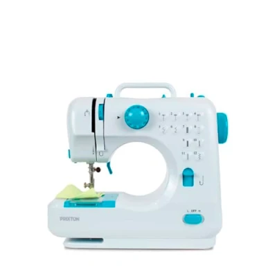 Afbeelding van PRIXTON P110 Mini naaimachine met lade voor accessoires, geïntegreerde lamp en 12 verschillende steeksoorten, inclusief pedaal, afmetingen 26 x 25 11,5 cm, blauw