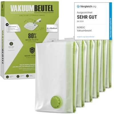 Afbeelding van NORDIC® Vacuümzakken 6x maat M (70x50cm) BPA vrij incl. ETIKETTEN voor kleding, kussens etc. Vacuüm opbergzakken Opslag Stofzuiger