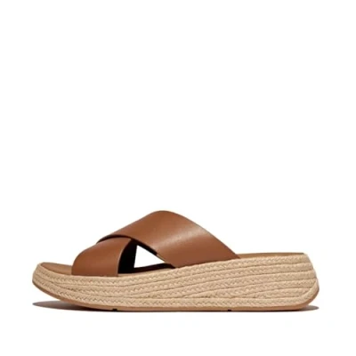 Afbeelding van FitFlop F Mode Espadrille Leather Flatform Cross Slides BRUIN Maat 40