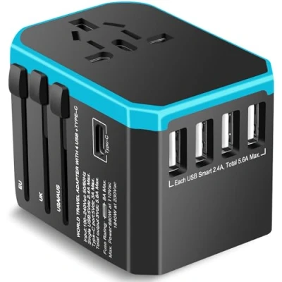 Afbeelding van Reisadapter Wereldwijd Universele Reisstekker Adapter met 4USB, 1USB C 15W Snel Opladen en 1AC Stopcontact, Internationale Stopcontact Adapter, UK EU USA AUS Stekker, 224+ Landen.