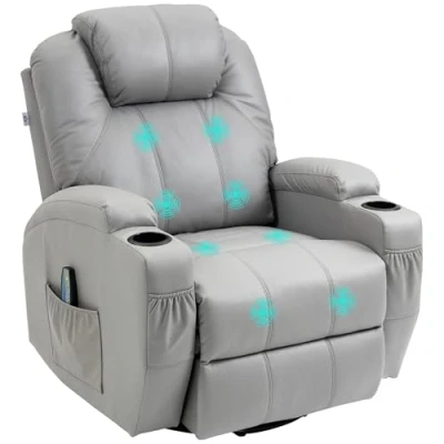 Afbeelding van HOMCOM Massagestoel Relaxstoel met schommelfunctie, ruststoel afstandsbediening, draaibare tv stoel ligfunctie, massagefunctie, kunstleer, grijs.