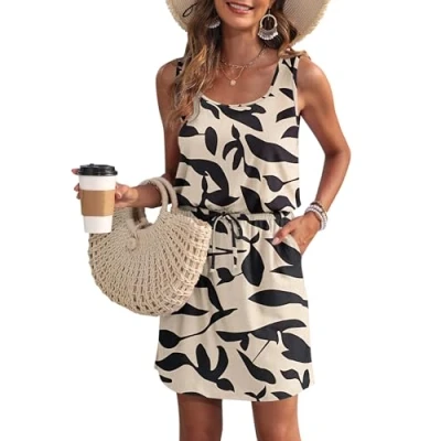 Afbeelding van WNEEDU Zomerjurk voor dames, mouwloze strandjurk, U hals, trekkoord, luchtige jurk, zomer, met zakken, abrikozen zwart blad, XXL