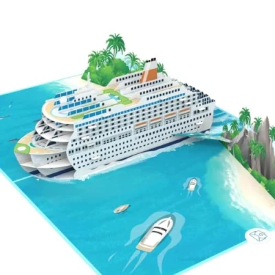 Afbeelding van MOKIO® Pop Up Reisvoucher 3D cadeaubon voor een cruise, vakantie op cruiseschip of scheepsreis Voucherkaart vakantiegeld, Reis schip waardebon met envelop