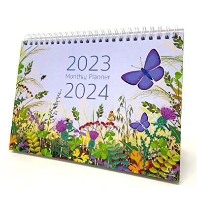 Afbeelding van Exacompta Ref GS010Z juli 2023 Augustus 2024 Maandelijkse Planner &amp; Bureaukalender Butterfly Design, maand per pagina, inclusief Britse feestdagen 210mm x 150mm groot, staat veilig op een bureau