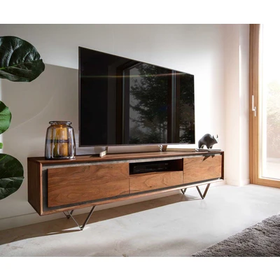 Afbeelding van Tv meubel Stonegrace acacia bruin steenfineer 175 cm 2 deuren 1 lade legplank V poot zwart