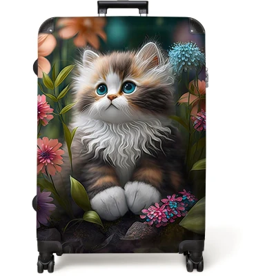 Afbeelding van NoBoringSuitcases.com® Koffer groot Reiskoffer lichtgewicht Kitten Illustratie Bloemen Natuur Kat Rolkoffer met 4 wielen Grote trolley XL 98 liter bagage