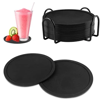 Afbeelding van Gvolatee Onderzetters, 12 stuks, silicone, voor glazen, zwart, met houder, rond, modern design, drankjes, kopjes, bekers, shisha, kaarsen en planten