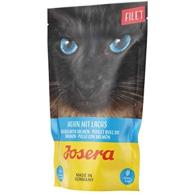 Afbeelding van JOSERA Filet Kip met zalm (16 x 70 g), graanvrij kattenvoer filetstukjes, super premium natvoer voor volwassen katten, verpakking van 16 stuks