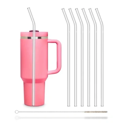 Afbeelding van HALM Herbruikbare glazen rietjes, 6 stuks, gebogen, 30 cm + plasticvrije reinigingsborstel, vaatwasmachinebestendig, duurzaam, rietjes voor drinkflessen, limoflessen,