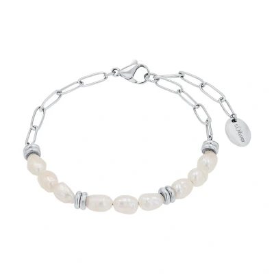 Afbeelding van s.Oliver Armband roestvrij staal dames armsieraad, met zoetwaterparel, 17+3 cm, wit, wordt geleverd in sieradengeschenkdoos, 2039728, metaal, Zonder