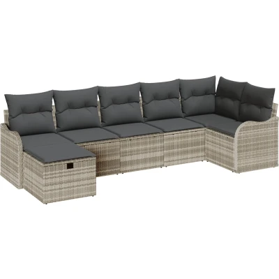 Afbeelding van vidaXL 7 Delige Tuin Sofaset met Kussens Lichtgrijs Poly Rattan, 2 Zits Sofa Opslag &amp; Rattan
