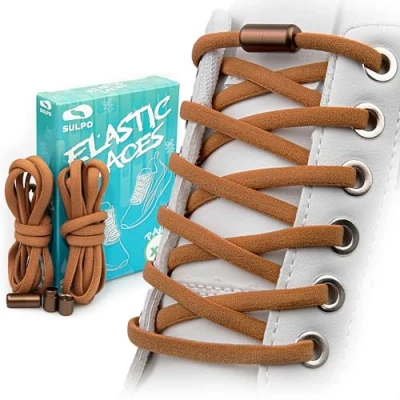Afbeelding van SULPO veters zonder strikken, ronde veters, snelsluiting, elastische voor volwassenen en kinderen, schoenveters, bruin, Eén Maat