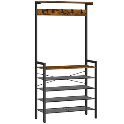 Afbeelding van HOOBRO Kapstok, kapstok met schoenopslag, industriële hal boom, grote standaard, 5 verwijderbare haken, houten accent bovenste plank, ingang opbergplank, metalen frame, donkerbruin zwart EBF74MT01