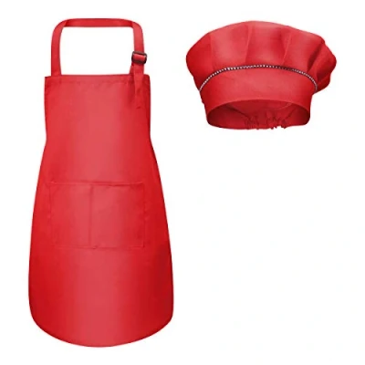 Afbeelding van Fodlon Set met kinderschort en koksmuts, verstelbare keukenschort voor kinderen zakken, koken, bakken, schilderen, 4 12 jaar oud (rood, maat L), Rood, Years Old