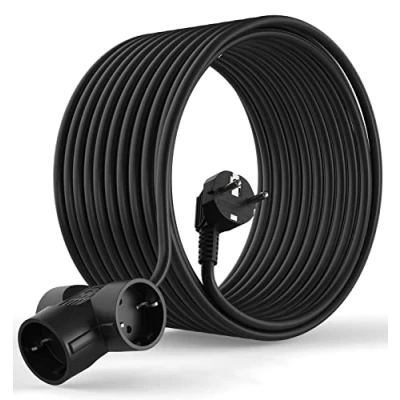 Afbeelding van MutecPower 15 meter Schuko verlengsnoer met 3 voudige stopcontacten IP20 90 gebogen EU kabel geaarde stekker en 3x koppelingen tot 250V 50Hz 16A 15m zwart