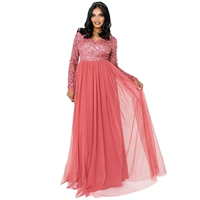 Afbeelding van Maya Deluxe Damesjurk met mouwen voor bruiloftsgast, V hals, hoge empire taille, maxi, lange lengte, avondfeest, bruidsmeisje, gala, Vermiljoen, 34