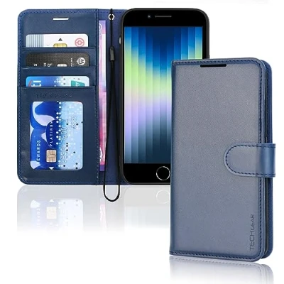 Afbeelding van TECHGEAR Leren portemonneehoesje voor iPhone SE 2022 5G / 2020, 8/7/6, flipcase, kaarthouder en standaard, polsband blauw PU leer, magnetische sluiting 3 2 8 7 6