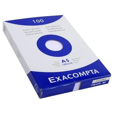Afbeelding van Exacompta Ref 13308E Bristol Record Cards (Pack van 100) A5 (148 x 210 mm) in grootte, effen ongeregeld, 205gsm kaart, Laser &amp; Inkjet Printer Compatibel Wit