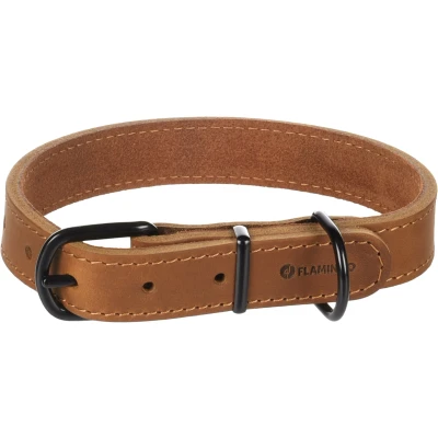 Afbeelding van Flamingo Montana Cognac lederen halsband M/L 38,5 48,5 cm x 25 mm met klinknagels en gesp heeft een zwarte glanzende afwerking