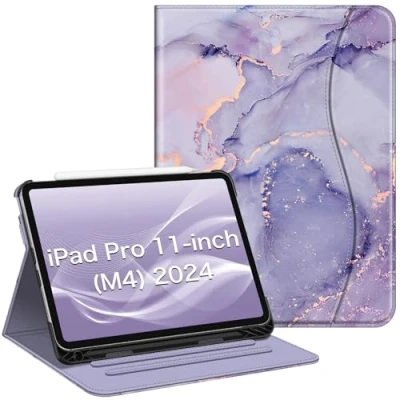 Afbeelding van Fintie Folio hoes voor iPad Pro 11 inch (M4) 2024 (Modelnummer: A2836/A2837/A3006) Meerdere hoeken kijkstandaard met potloodhouder en zak, automatisch waken/slapen, lila marmer