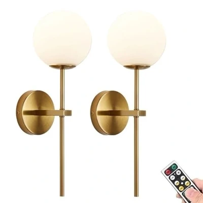 Afbeelding van KEFA Gouden Batterij Werkende Wandkandelaars Set van 2, Moderne Globe Glazen Schaduw, geen Hardwired Messing Armatuur Verlichting, Aangedreven Dimbare Wandlampen, Niet Draad, voor Slaapkamer,