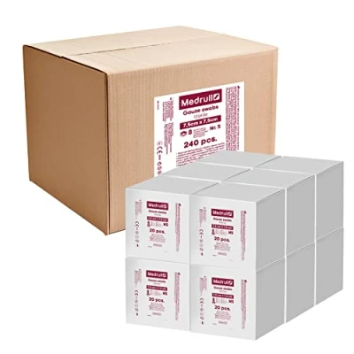 Afbeelding van Medrull Mullwattenstaafjes Steriel 7,5 cm x niet klevende wondkussens 1200 stuks extra absorberend 8 laags Verpakt 5 20 12 dozen