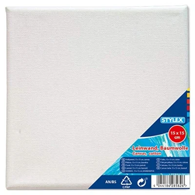 Afbeelding van Stylex 28582 spieraam 15 x cm, bespannen met canvas van 100% katoen, gegrond, aan de achterkant geniet, voor olie , acryl en tempera kleuren, gouache schilderij