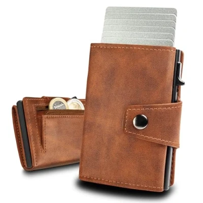 Afbeelding van slimfin® Slim Wallet Maxi met muntzakje kaarthouder RFID bescherming pop up portemonnee mini voor mannen en vrouwen slanke lichtgewicht lichtbruin