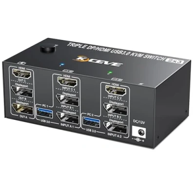 Afbeelding van DP + HDMI KVM switch 2 PC 3 monitoren, YOUTINGHDAV drievoudige monitoren DisplayPort 8K @60Hz 4K @144Hz, USB 3.0 voor pc&#039;s, muis, toetsenbord en