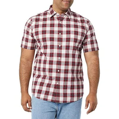 Afbeelding van Amazon Essentials Heren Slim Fit Poplin Shirt met korte mouwen, rood geruit, X Large
