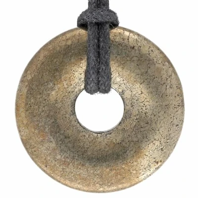 Afbeelding van Lebensquelle Plus Pyriet edelsteen donut Ø 30 mm + katoenen band hanger echte helende stenen ketting incl. lint, Roestvrij staal, Geen