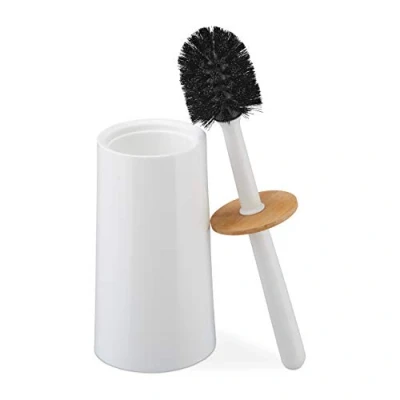 Afbeelding van Relaxdays wc borstel met houder, kunststof en bamboe, vrijstaand, toiletborstel deksel, wit