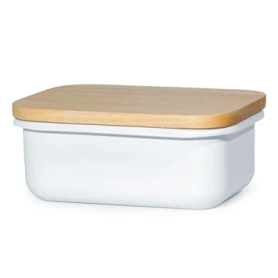 Afbeelding van Theo&amp;Cleo Botervloot met houten deksel, boterbel voor 250 g boter, multifunctionele boterschotel, bamboedeksel (wit + bamboe)